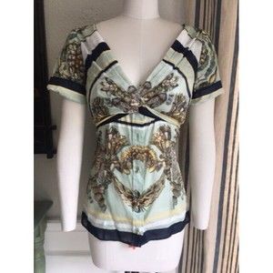 EUC GUCCI Blue Sea Shell Scarf Print Shirt Wrap Front Top 44 / 8